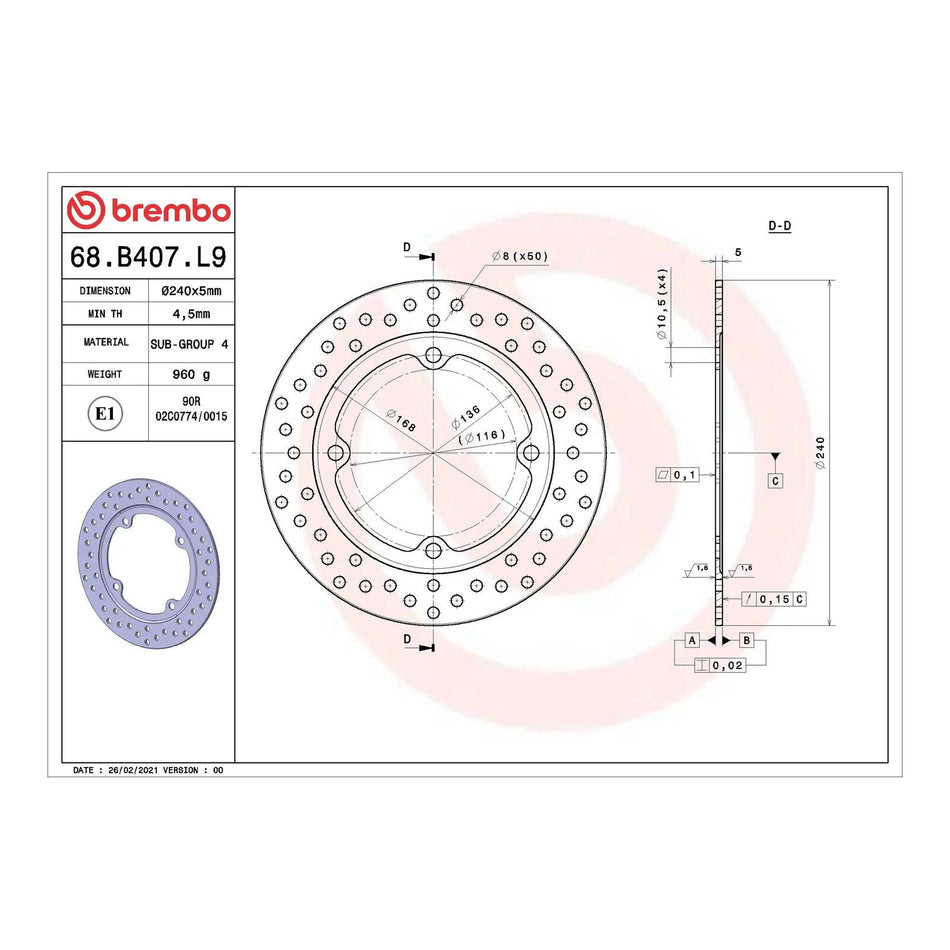 Brembo Prime Brake Disc Serie Oro Rear 68B407L9