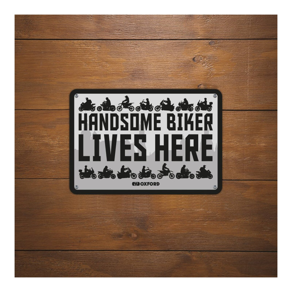 Oxford Garage Metal Sign: Handsome Biker Lives Here