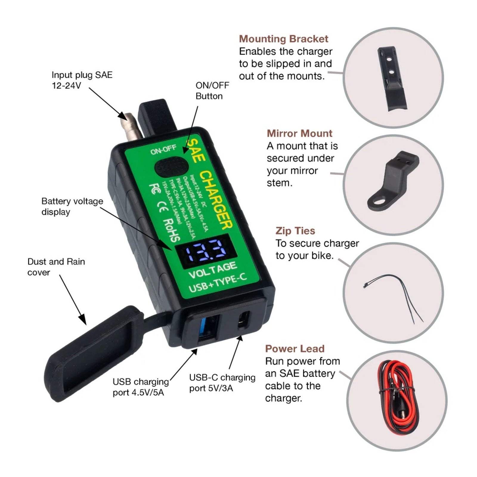 MotoPlug SAE to USB with Voltmeter - 1x USB A & 1x USB C Port