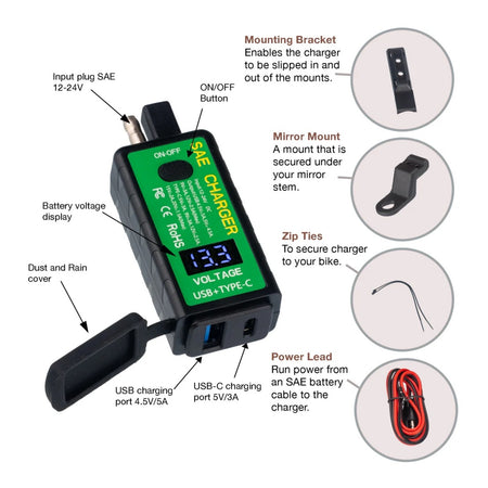 MotoPlug SAE to USB with Voltmeter - 1x USB A & 1x USB C Port