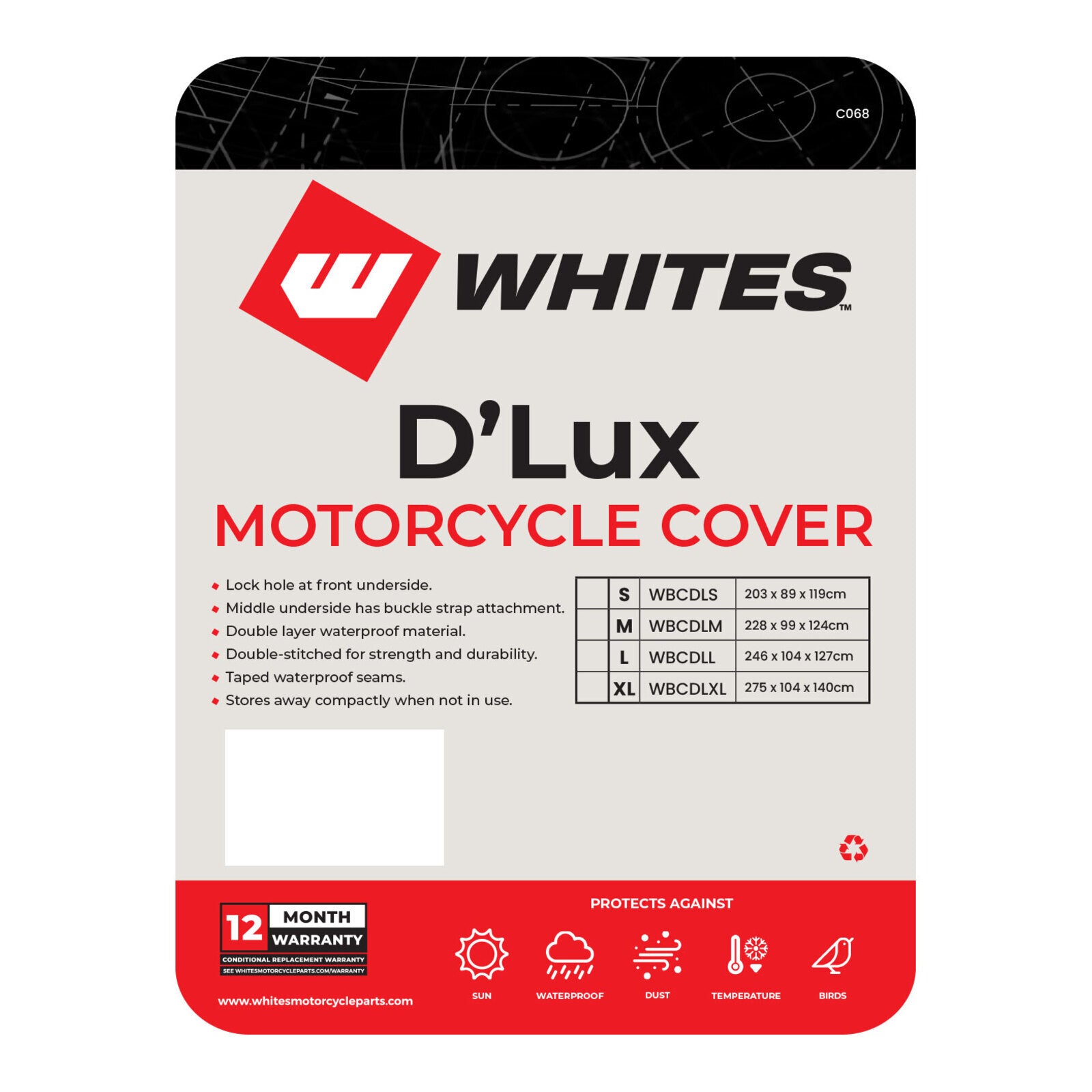 Whites Motorcycle Cover - D'Lux (L) 246 x 104 x 127cm