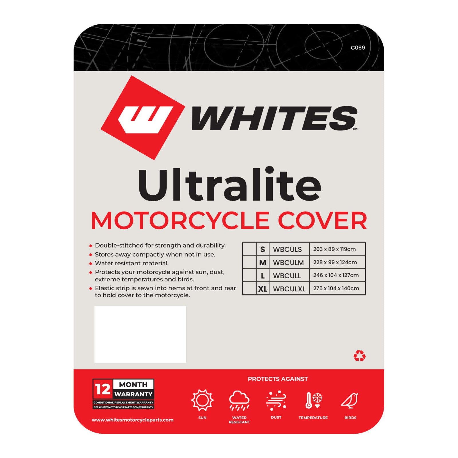 Whites Motorcycle Cover - Ultralite (M) 228 x 99 x 124cm